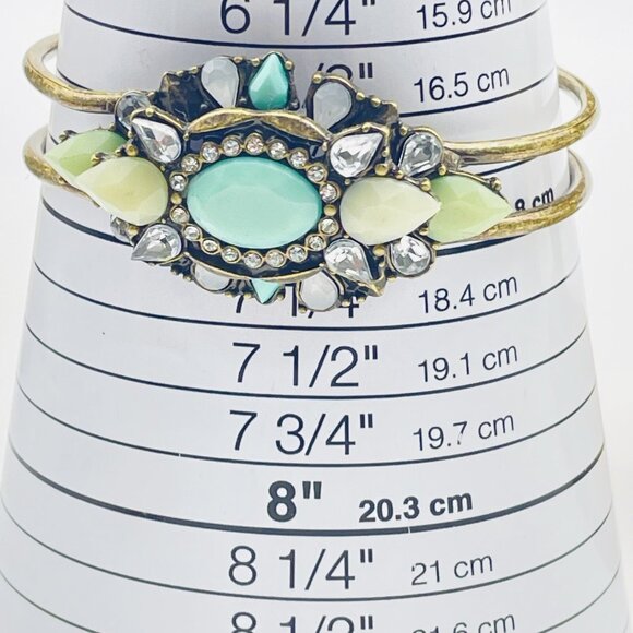 Vintage Hinged Bangle Bracelet Turquoise Green Cabochon Rhinestone Statement - Picture 4 of 7